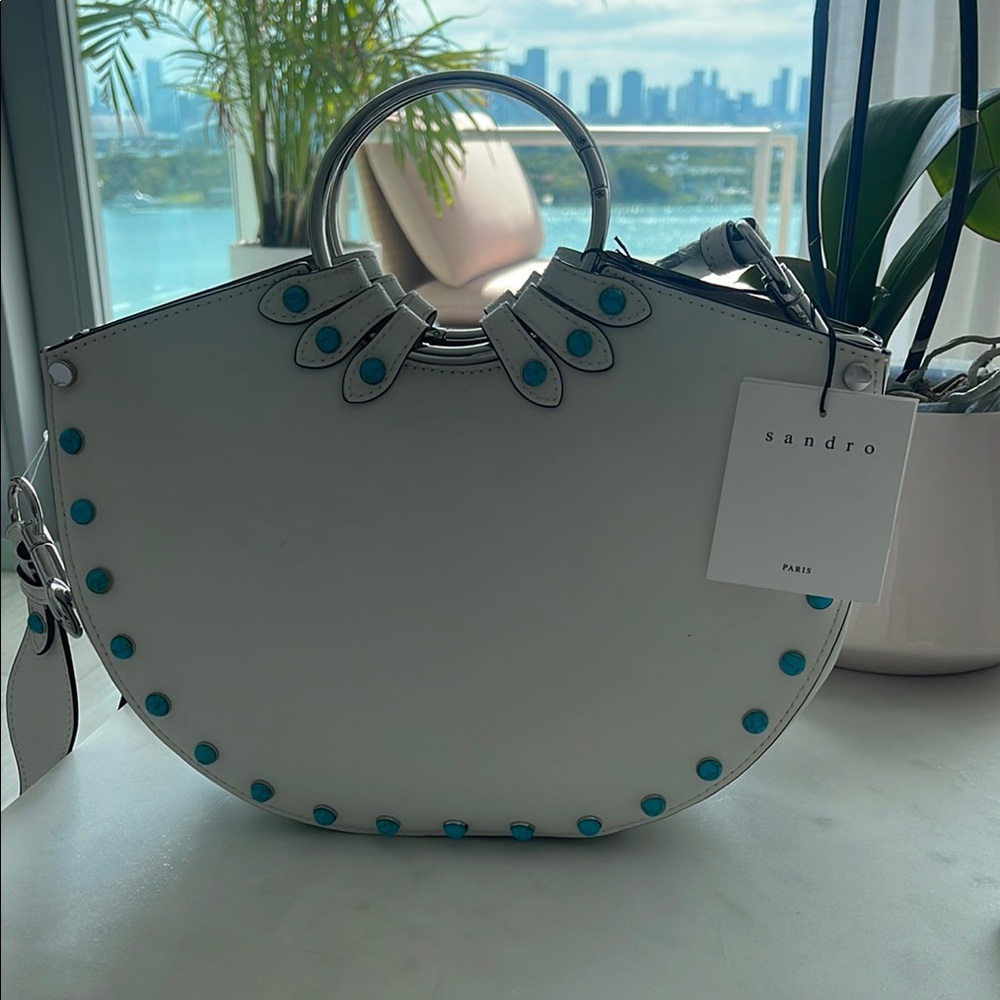 Sandro White and Blue Circular Shoulder Bag with Studded Details